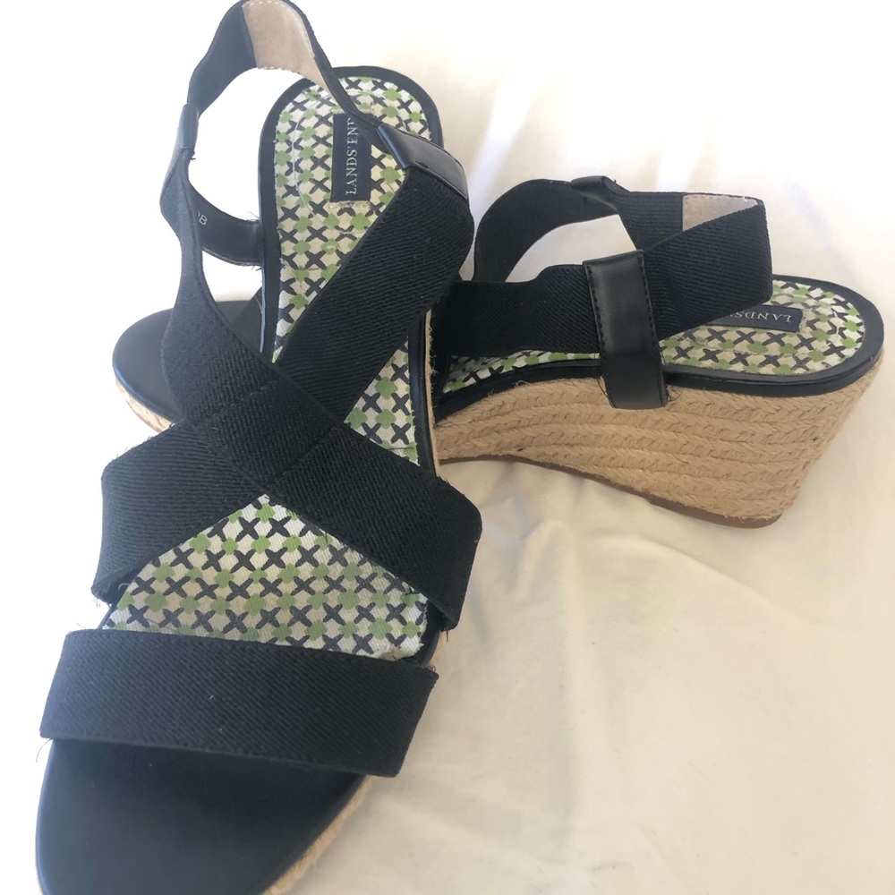 Lands End black espadrille sandals size 9